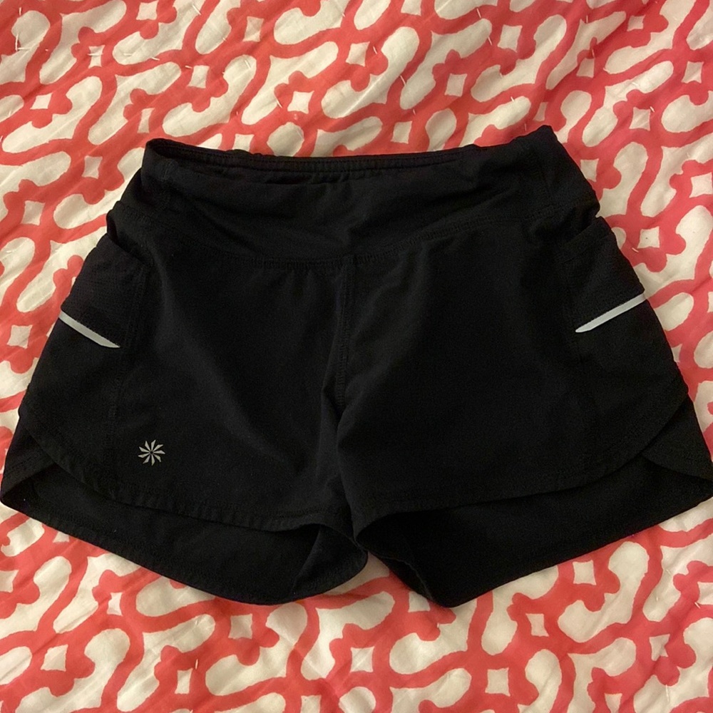 Athleta black shorts with small pockets and a zipper pocket